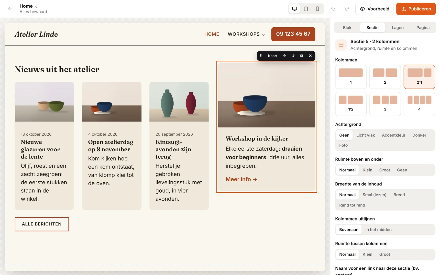 Een sectie met twee kolommen; rechts de keuze uit zes indelingen en achtergronden