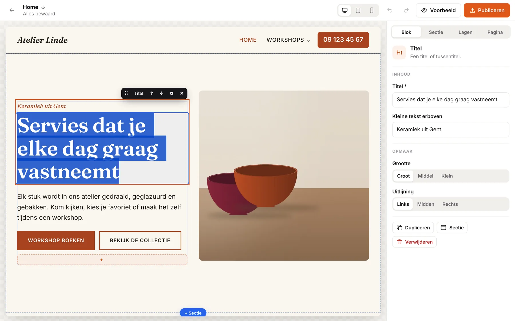 Een titel rechtstreeks in de pagina typen
