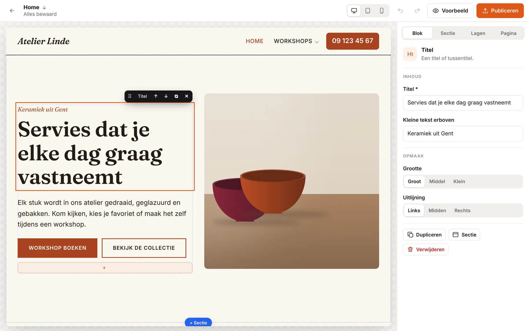 De visuele editor van Redactie: een titel kiezen en aanpassen
